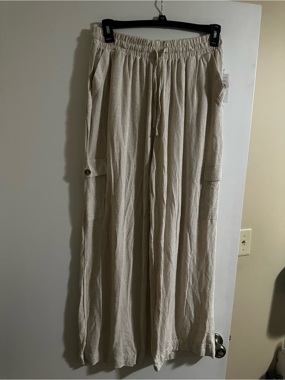Linen blend Cargo Pants with Elastic Drawstring Waist — Cream